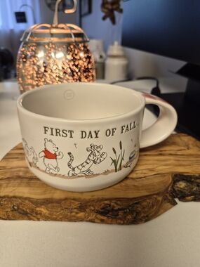 Rae Dunn White Ceramic "First Day of Fall" Winnie the Pooh Mug with Red Accent